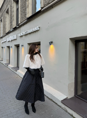 EASE正品韩版净版夹棉菱格a字蓬蓬背带裙女百搭收腰显瘦中长裙子