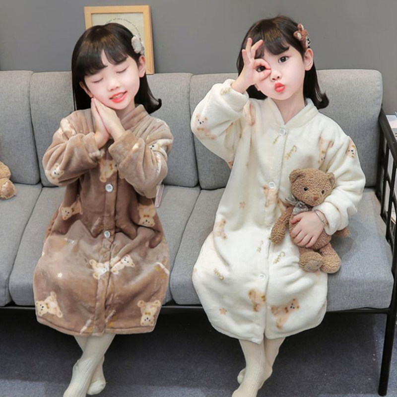 如奕儿童家居服秋冬加长加厚小童浴袍珊瑚绒保暖睡袍家用宝宝睡衣