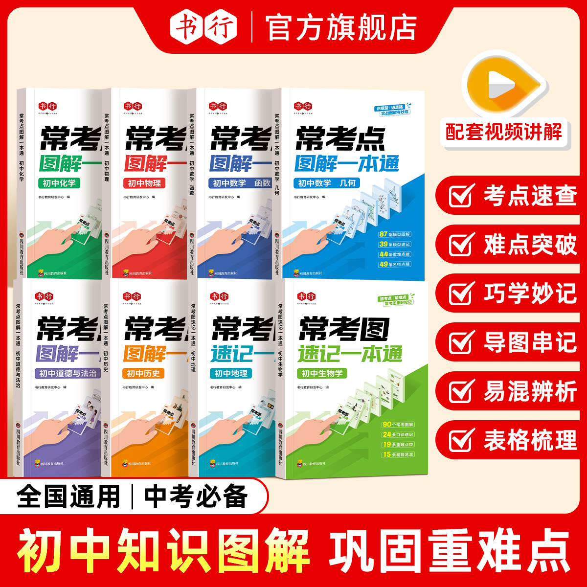 书行初中数理化小四门常考点图解速记一本通中考必备数学函数几何物理化学答题公式生物历史地理道德与法治考点口诀速记指导教材书