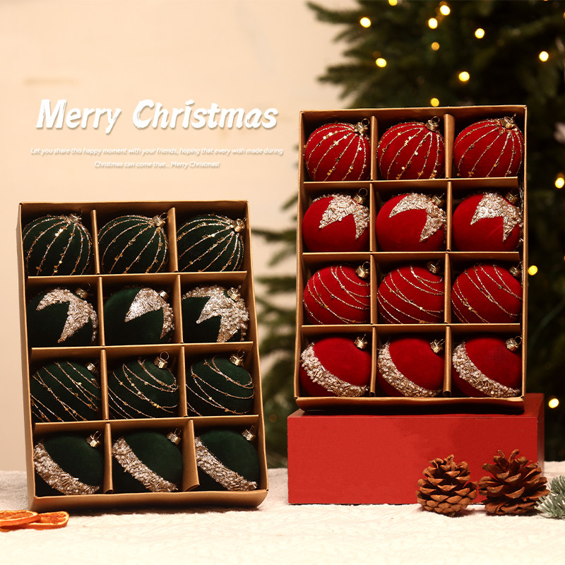 2025新款植绒圣诞球酒红色绒布高级圣诞装饰挂件彩绘圣诞树吊球