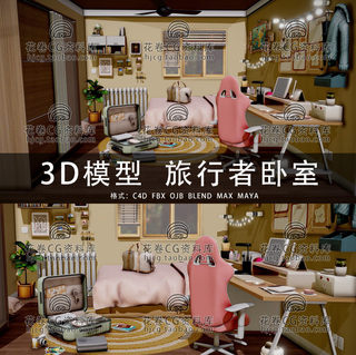 H324-C4D/MAYA/3DMAX三维模型 室内旅行者卧室手提箱 3D模型素材