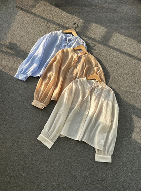 日本单~宽松防晒衬衫 飘带小立领纽扣开身宽松欧根纱落肩袖衬衣女
