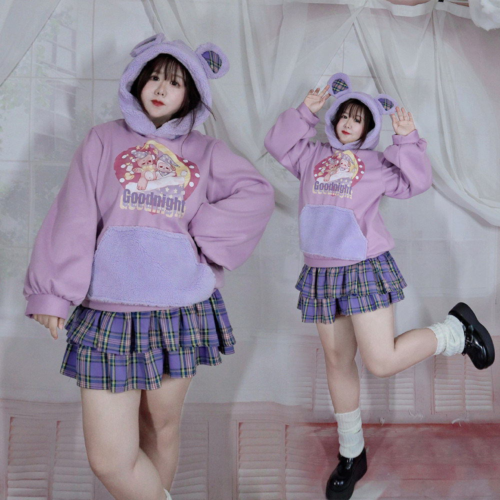 原创大码咩咩熊加绒加厚长袖连帽卫衣200斤羊羔毛可爱卡通灯笼袖