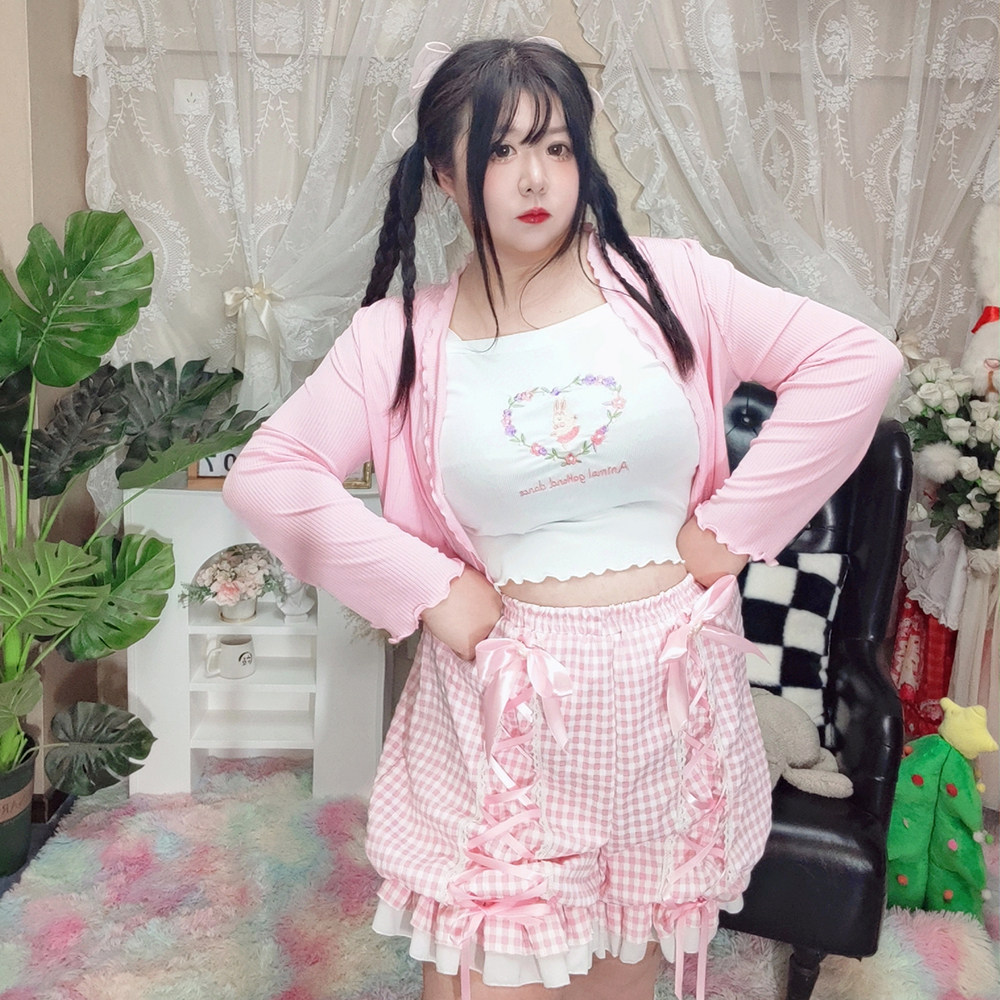 蜜桃系女孩bi入~大码粉色格子蝴蝶结南瓜裤lolita交叉绑带灯笼裤