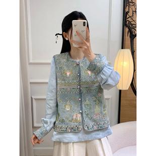 新中式重工刺绣牛仔马甲女2026年春季新款盘扣圆领叠穿上衣两件套