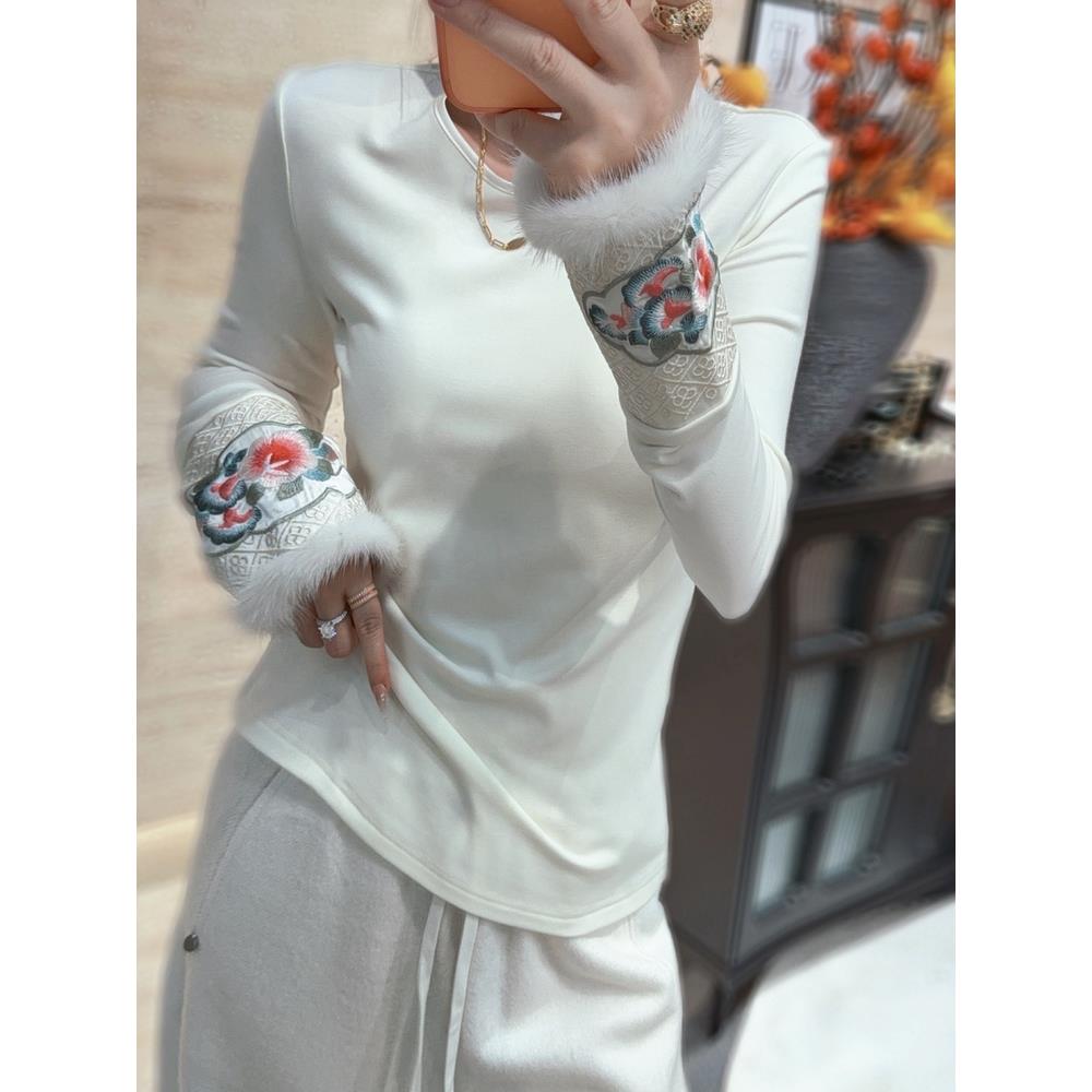 新中式民族风刺绣拼接打底衫2025秋季新款高级感气质修身长袖T恤