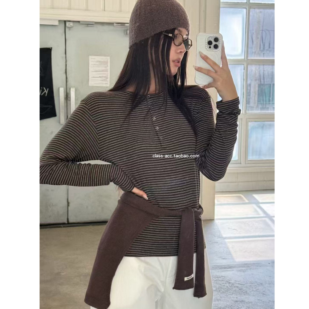 class韩国直邮120107 Lamagie femme 韩代2025款  纽扣条纹打底T