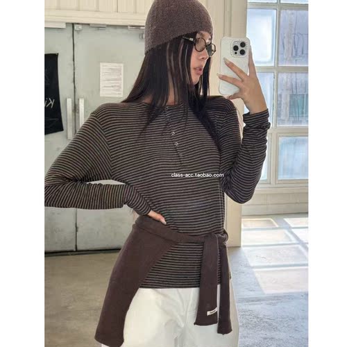 class韩国直邮120107 Lamagie femme 韩代2025款  纽扣条纹打底T