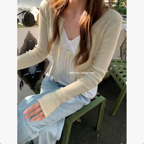 class韩国直邮030104 Riette 韩代2026款  小花边系带针织开衫