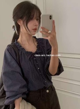 class韩国直邮120509 Miel 韩代2025款  小花边领格子衬衫