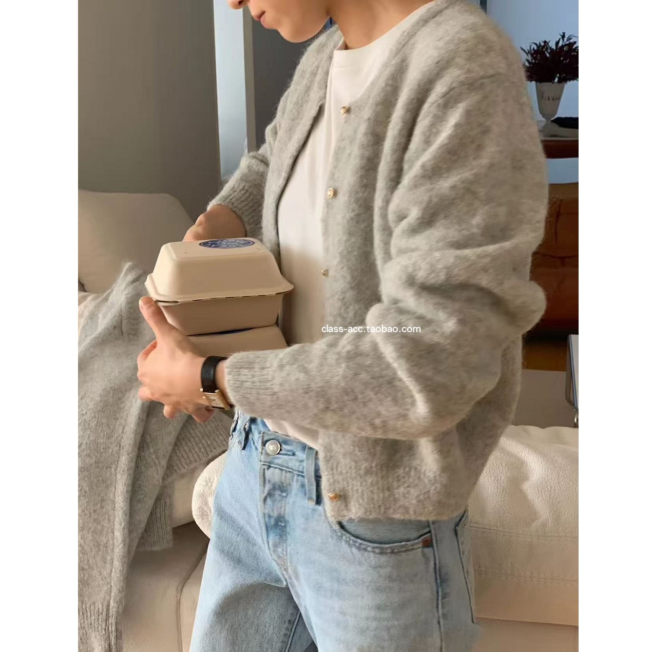 class韩国直邮102807 OUNCE 韩代2025苏丽羊驼毛小金扣氛围感开衫
