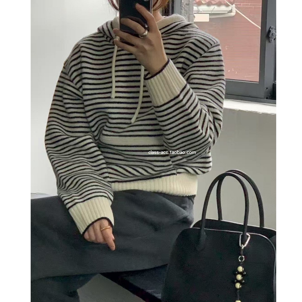 class韩国直邮111312 GABRIELLE 韩代2025款  条纹连帽毛衣