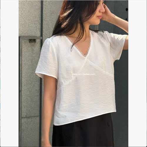 class韩国直邮1042614 AMYGRACE 韩代2026款蕾丝花边V领短袖小衫