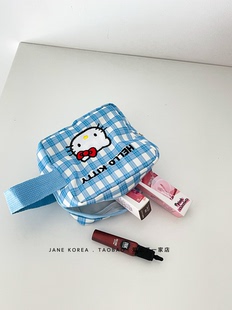 韩国ins可爱KT蓝色格纹！便携彩妆化妆包手拎包拍立得相机包