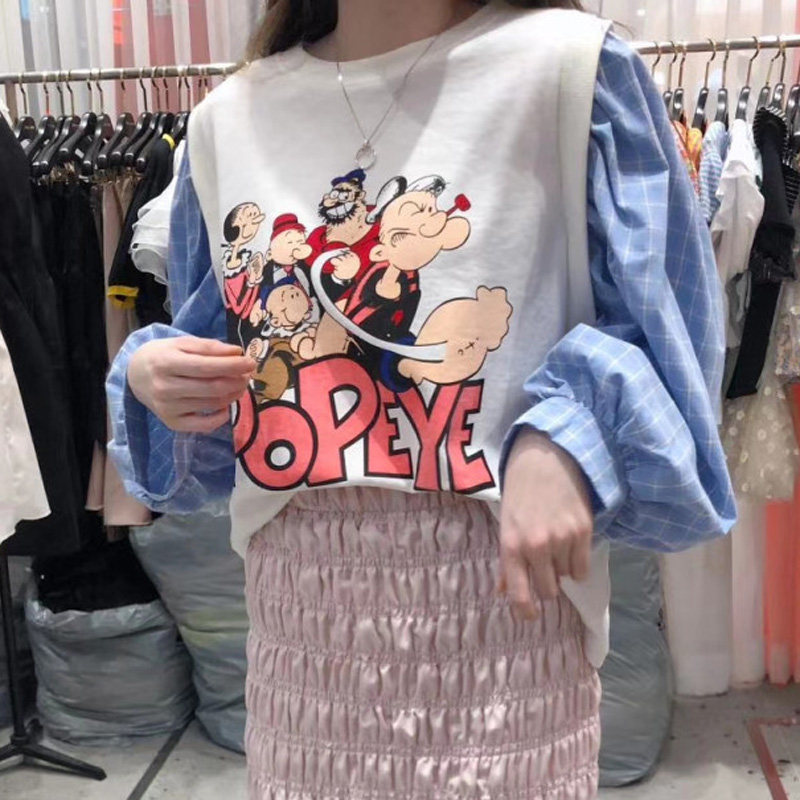 适中纯棉ins潮长袖拼接
