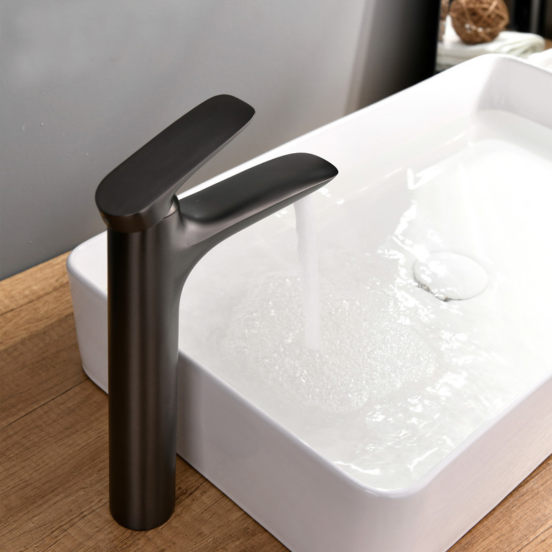 枪灰色加高艺术盆全铜冷热水龙头