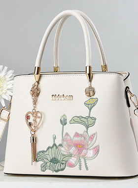 中国风刺绣包包女士2026新款软皮女包大气送妈妈包中年手提包夏款