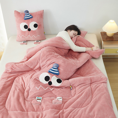 2025新款牛奶绒哈吉米刺绣加大加厚保暖抱枕被子两用办公室午睡枕