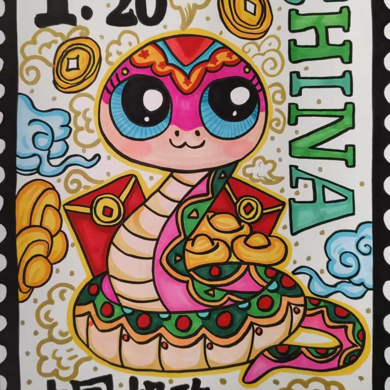 十二生肖书签邮票代画DIY邮票代画手绘蛇年马年邮票科幻画代画