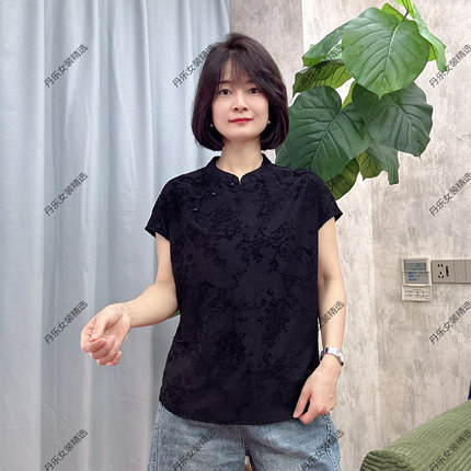 8889夏季冰蚕丝提花新中式T恤短袖连肩小衫显瘦气质