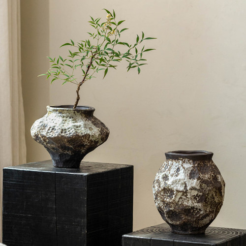 掬涵侘寂风花瓶禅意手作花器覆古高级感陶艺插花绿植花器装饰摆饰