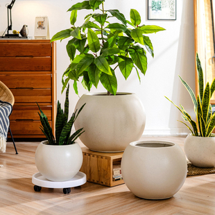 掬涵北欧镁泥花盆现代简约圆球型透气大花器轻奢几何客厅摆件装饰