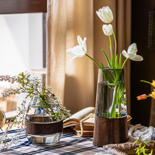 掬涵轻奢木托玻璃花瓶摆件高级感客厅插花水培鲜花餐桌插花花器