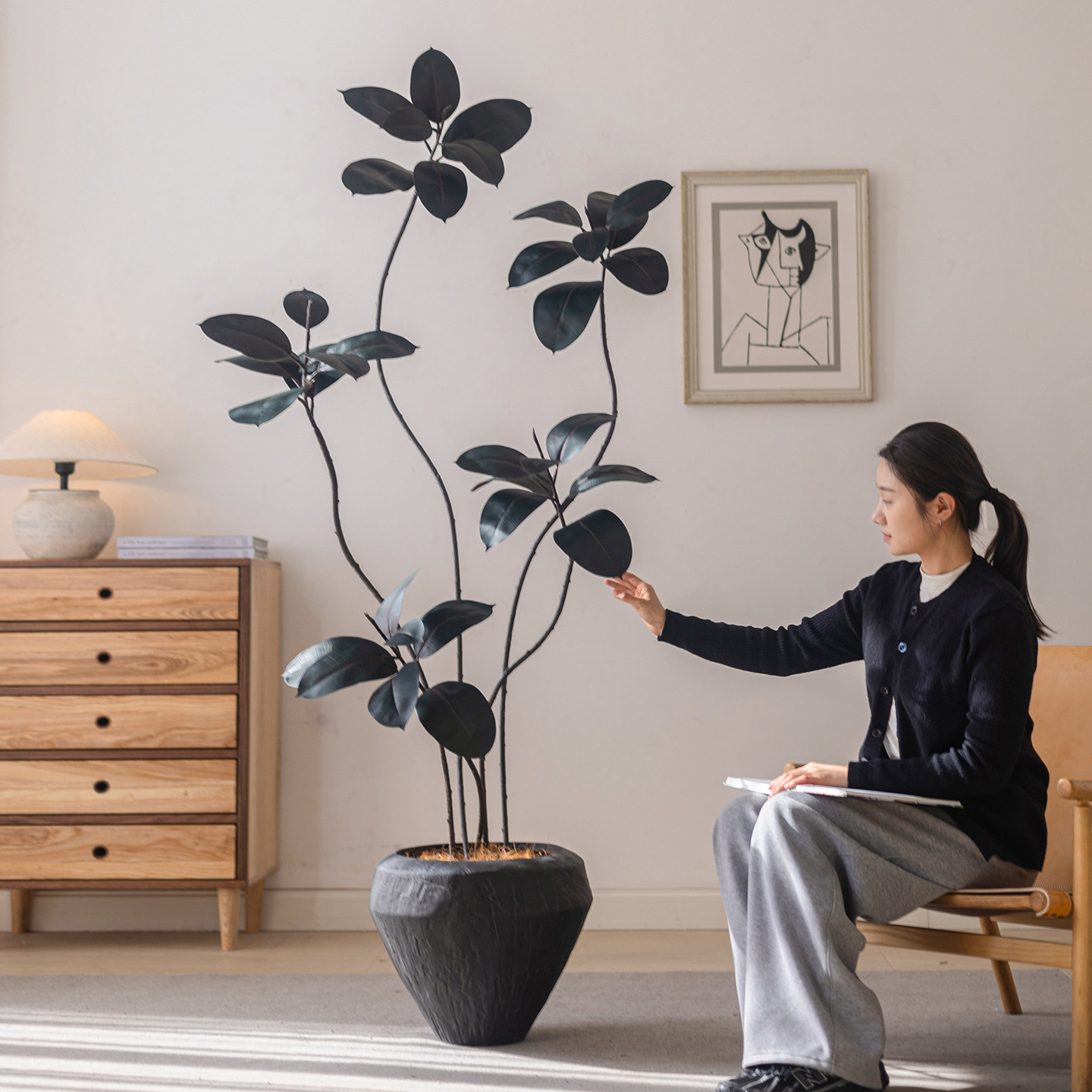 掬涵黑金刚橡皮树仿真绿色植物高端轻奢室内假花植物客厅大型落地