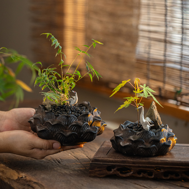 掬涵新中式风仿石莲花摆件禅意家用绿植微型景观烛台底座布置装饰