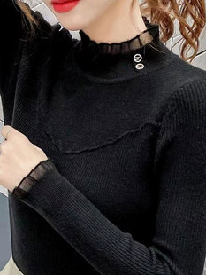 JOYIASS半高领蕾丝拼接针织衫女修身显瘦百搭打底衫上衣高级感气