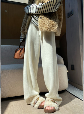 秋冬白色阔腿裤女新款加绒加厚糯米卫裤直筒弯刀运动裤子1208u