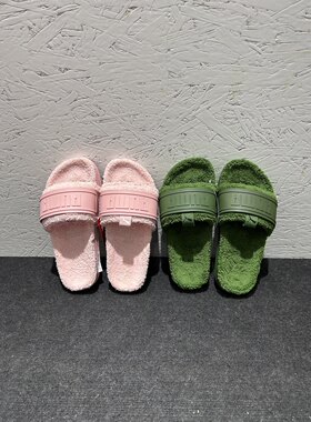 PUMA彪马正品毛毛拖粉色绿色亮黄色女子运动休闲一字拖拖鞋384411