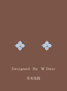 「月光花园」蓝色四叶草小花耳钉硅胶耳夹女无耳洞小巧简约耳饰