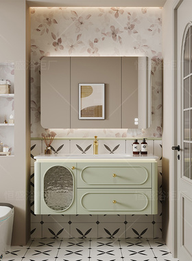 法式橡木烤漆圆角浴室柜陶瓷一体盆组合卫生间洗手脸池果绿色漱台