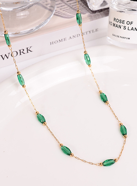 钛钢项链 新中式薄荷绿色串珠项链女轻奢气质时尚锁骨链配饰品