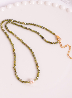 钛钢项链 爆闪绿色珠珠项链女高级感精致百搭锁骨链气质不褪色