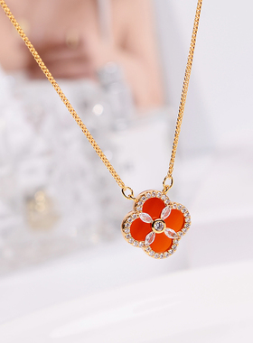 铜合金项链 新年红色四叶花项链女轻奢高级感气质锁骨链百搭配饰