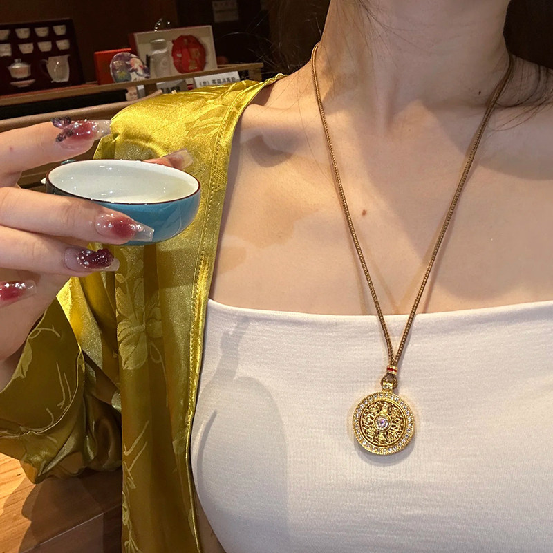 非金属布艺项链 可转动八宝罗盘挂绳项链女高级感中古毛衣链配饰