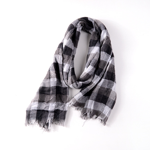 短窄小日系夏季黑白格子围巾男士薄款休闲护颈围巾棉麻个性长款