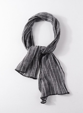 1.3米长窄小尺寸围巾男夏季日系韩版休闲棉麻深灰色条纹男士围巾