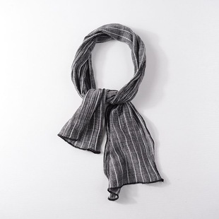 1.3米长窄小尺寸围巾男夏季日系韩版休闲棉麻深灰色条纹男士围巾
