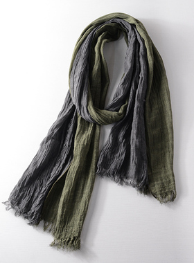 时尚日系男士围巾休闲军绿深灰色拼色棉麻护颈个性拼接围巾双色