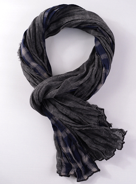 秋冬藏青格子围巾拼接黑灰深灰色棉麻休闲男士围巾时尚百搭韩版