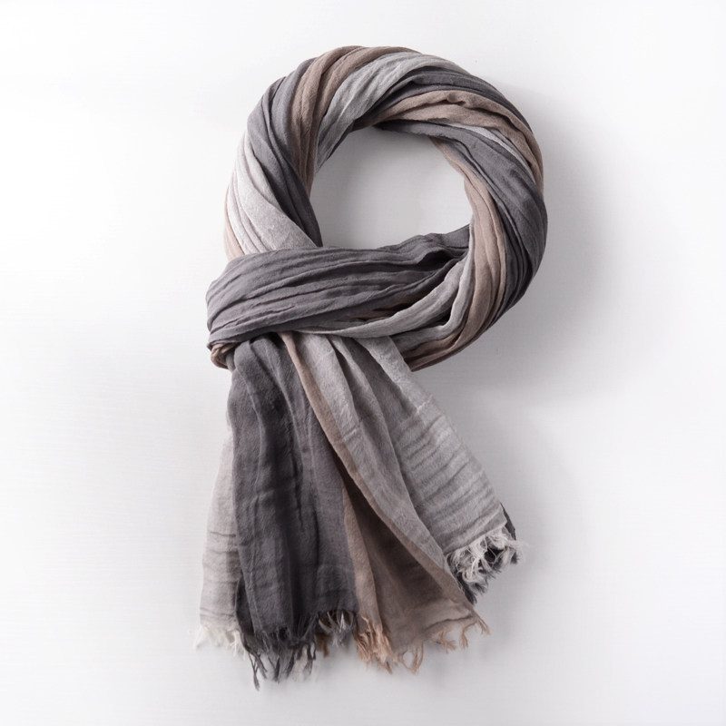 日本复古春秋冬季男士纯棉拼色围巾薄款棉麻护颈保暖休闲围巾男