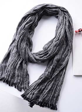 新款男士围巾薄款高档时尚百搭文艺棉麻围巾男条纹春秋深灰色条纹