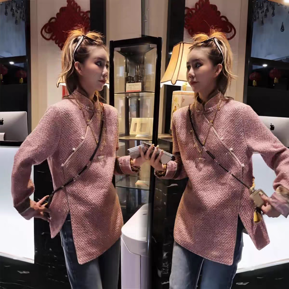 新款新中式立领盘扣长袖衬衫女秋冬高级感显瘦时尚中长款拼接上衣