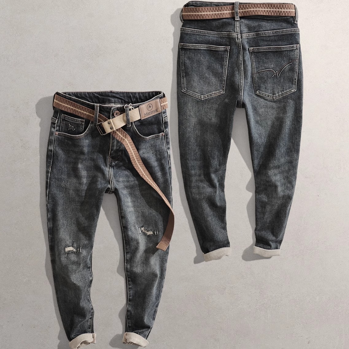 2025秋冬新男式显瘦修身弹力CG小脚1218薄绒底抓毛厚破洞牛仔裤