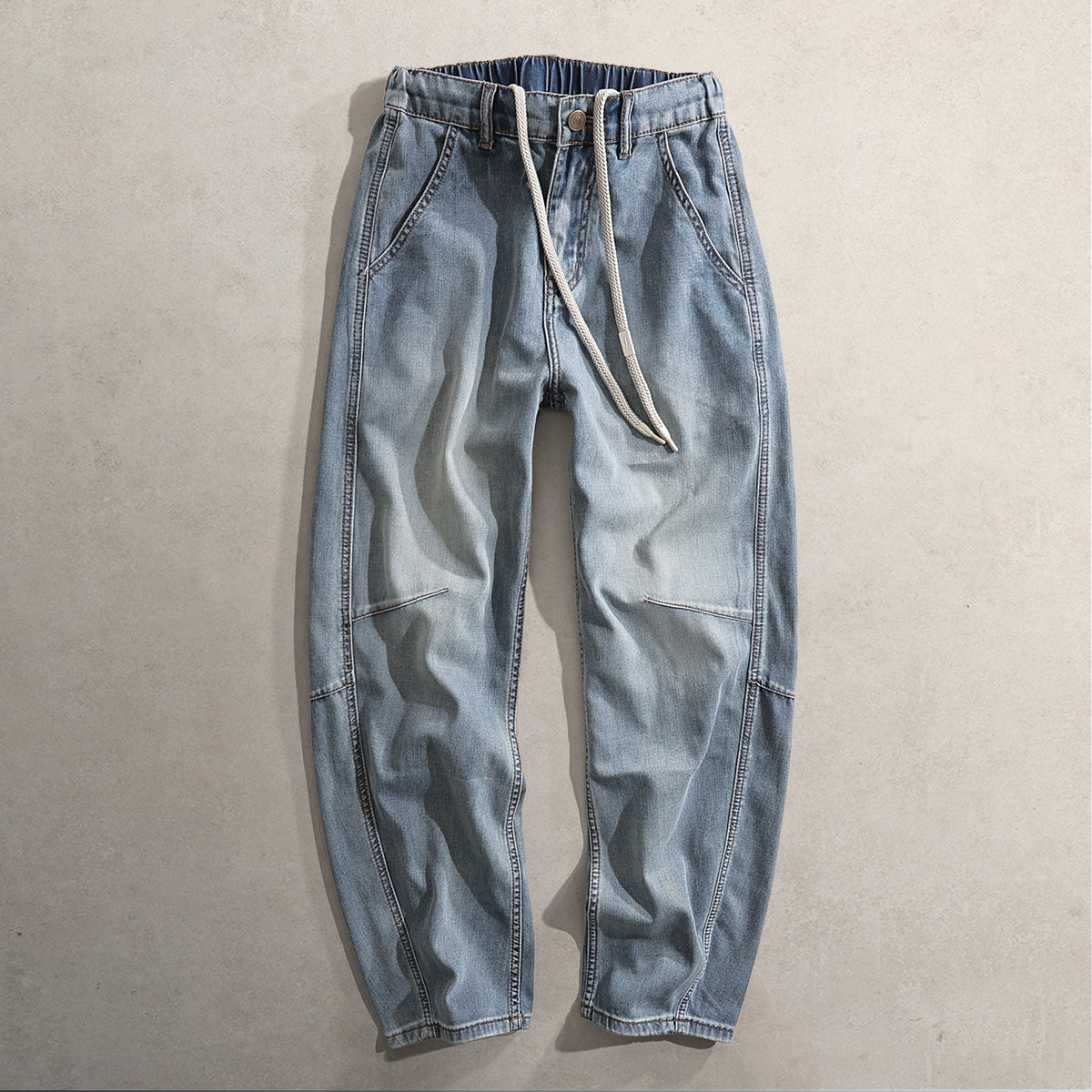 美式弯刀裤洗水自然8578SL抽绳宽松直筒裤阔腿牛仔裤