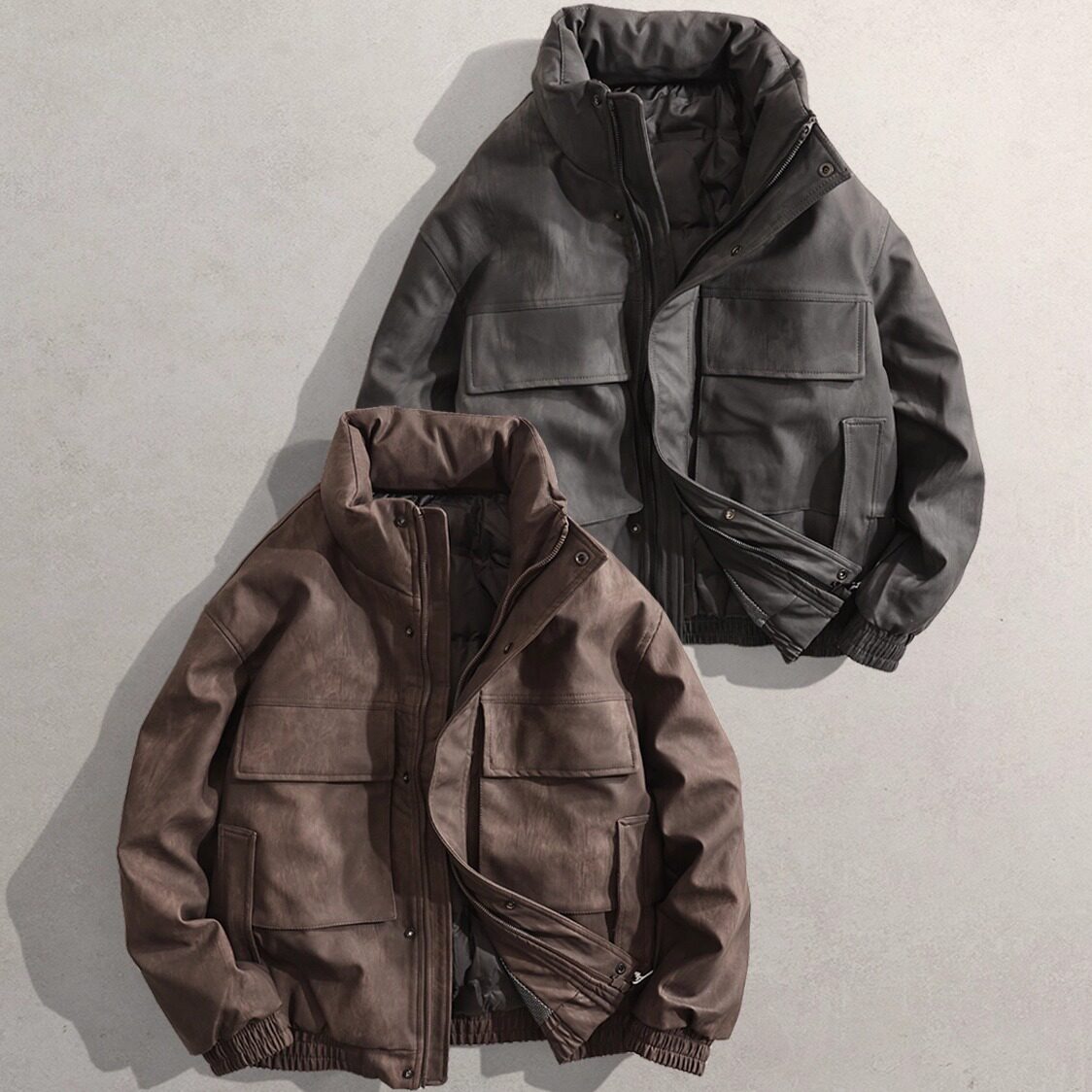 2025冬新款男装羽绒服立领短款袄子562羽绒外套休闲PU皮羽绒服