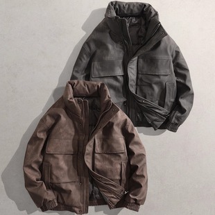 2025冬新款男装羽绒服立领短款袄子562羽绒外套休闲PU皮羽绒服